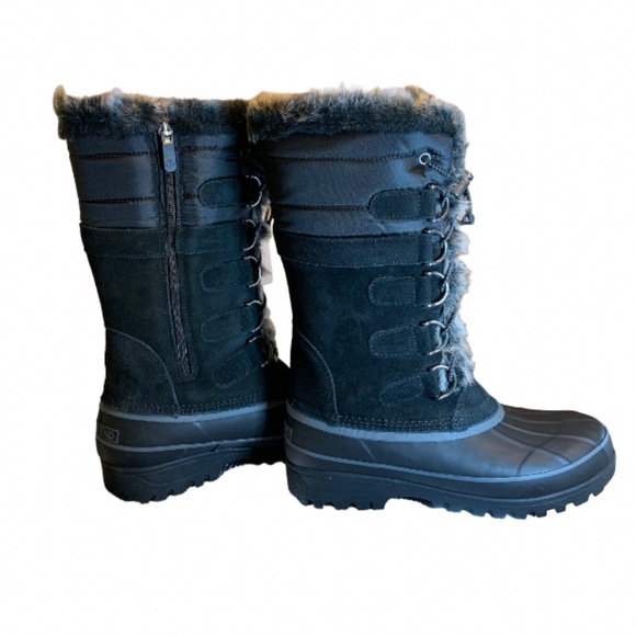LANDSEND Black Hillary Snow Boots Rugged Warm Winter Faux Fur Trimmed Side Zip - Picture 1 of 6